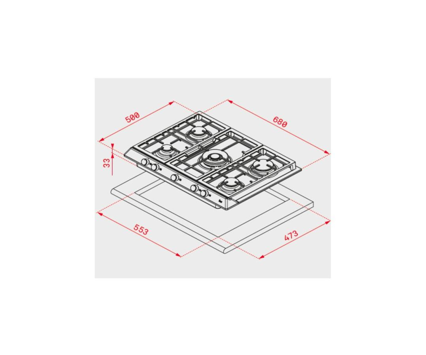 Diagrama de encimera de gas con medidas en rojo. Cuatro quemadores y un marco rectangular.