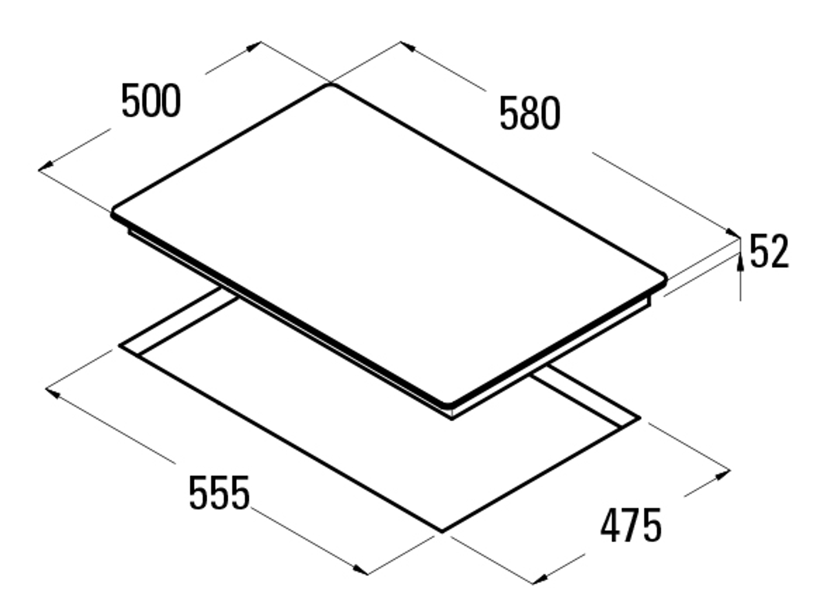 Diagrama de una placa de cocina con dimensiones. Muestra recortes superior e inferior, medidas en mm.