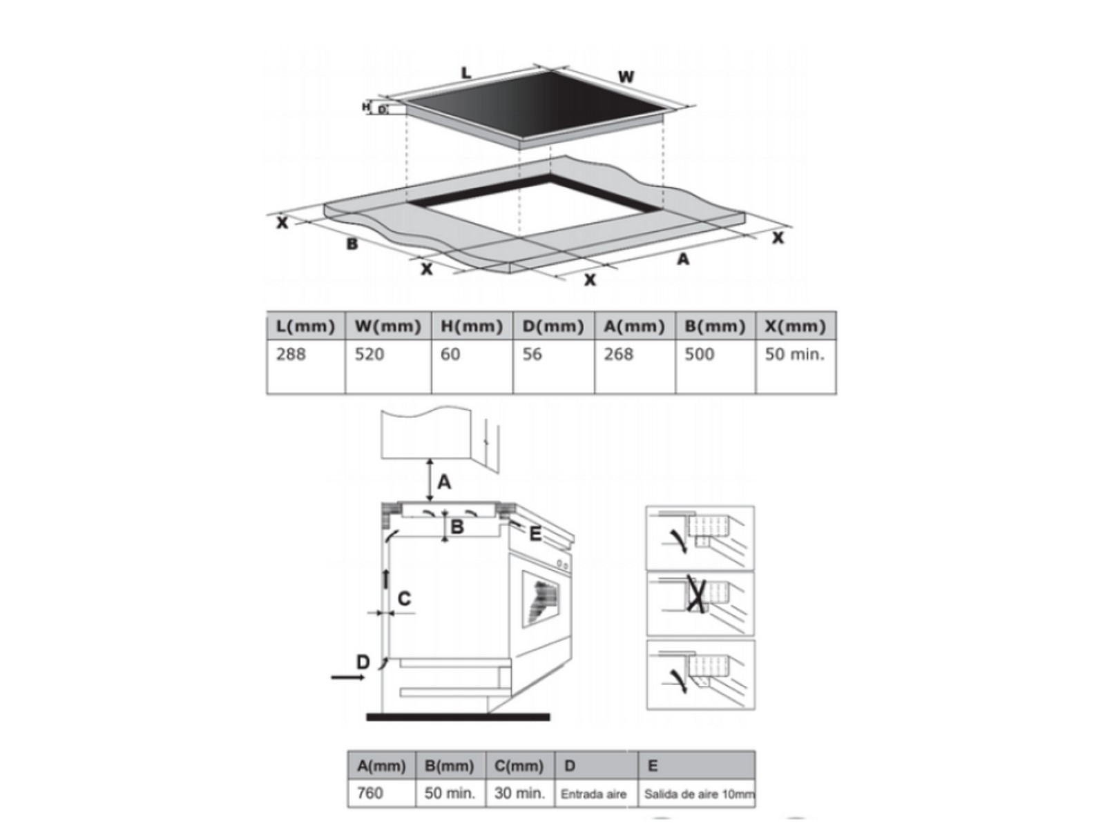 Diagrama de una placa de cocina y detalles de instalación. Incluye dimensiones, vista lateral e instrucciones de instalación.