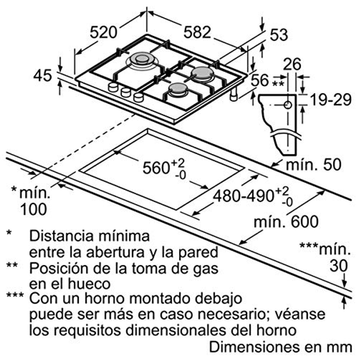 Balay 3ETX563HB Gasherd (582 mm Kochfelder) breit, 3 Coccion Zonas