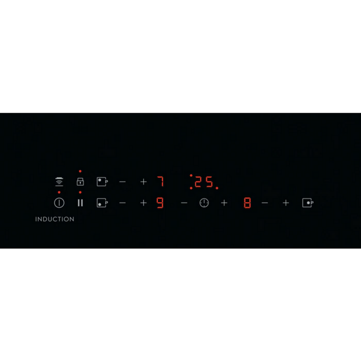 Pannello di controllo del piano cottura a induzione nero. Vengono visualizzati numeri e simboli digitali rossi.