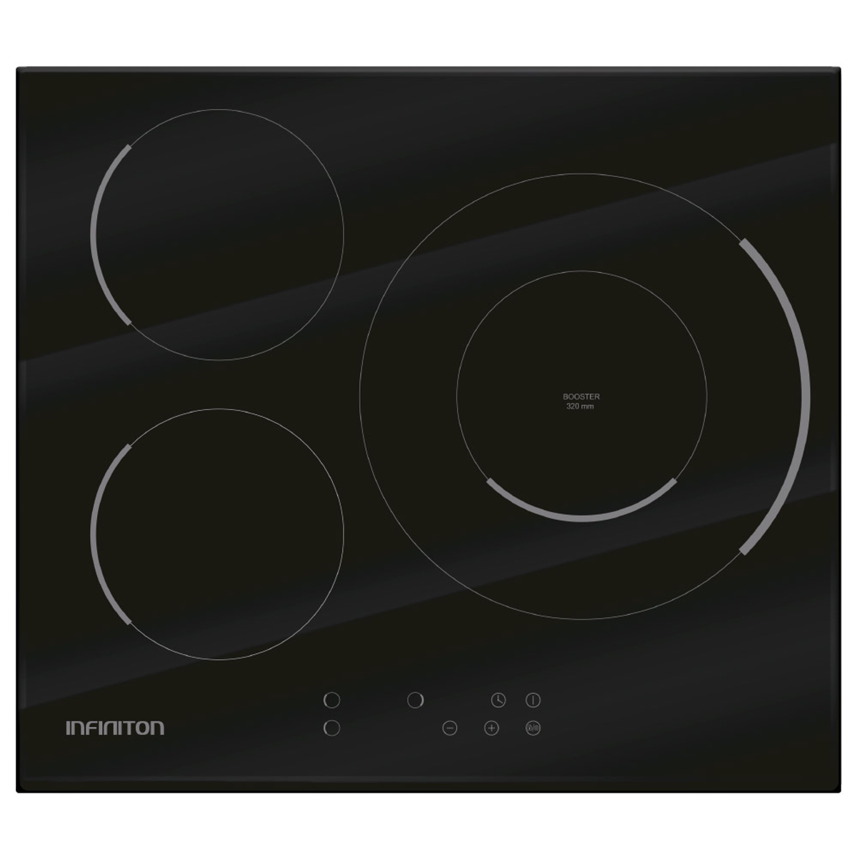 Placa de inducción negra con tres zonas de cocción y panel de control.