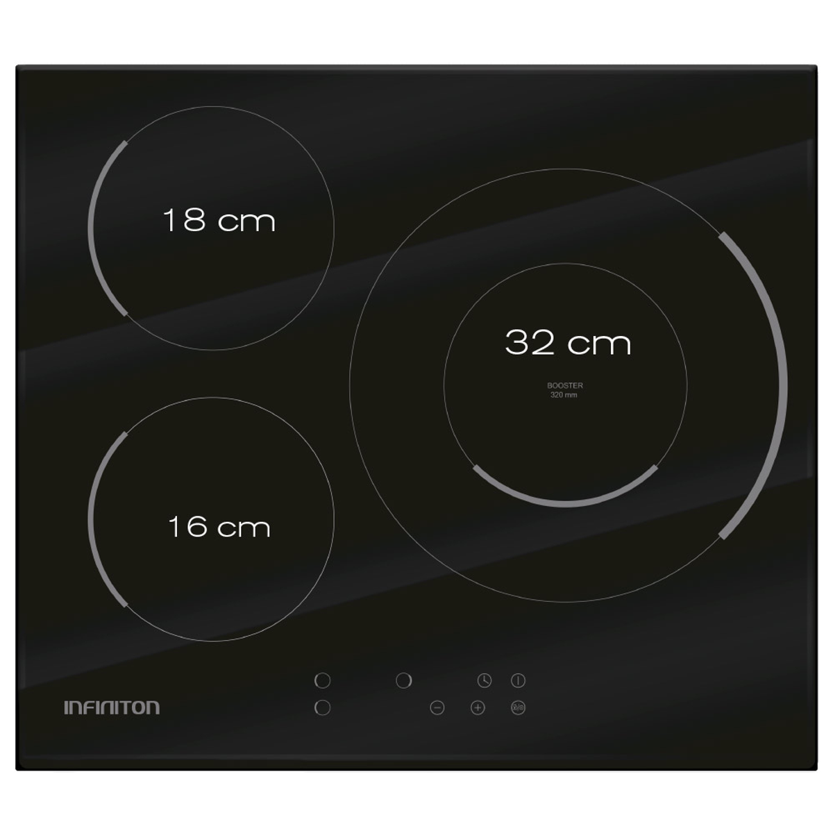 Placa de inducción Infinition negra con tres zonas de cocción. Diseños circulares, controles táctiles, fondo negro.