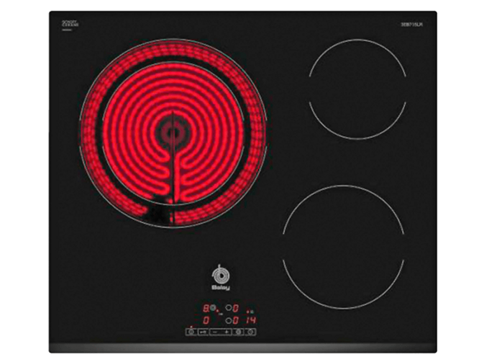 Czarna płyta grzewcza z trzema strefami gotowania. Jedna czerwona, okrągła strefa jest podświetlona. Marka Balay.