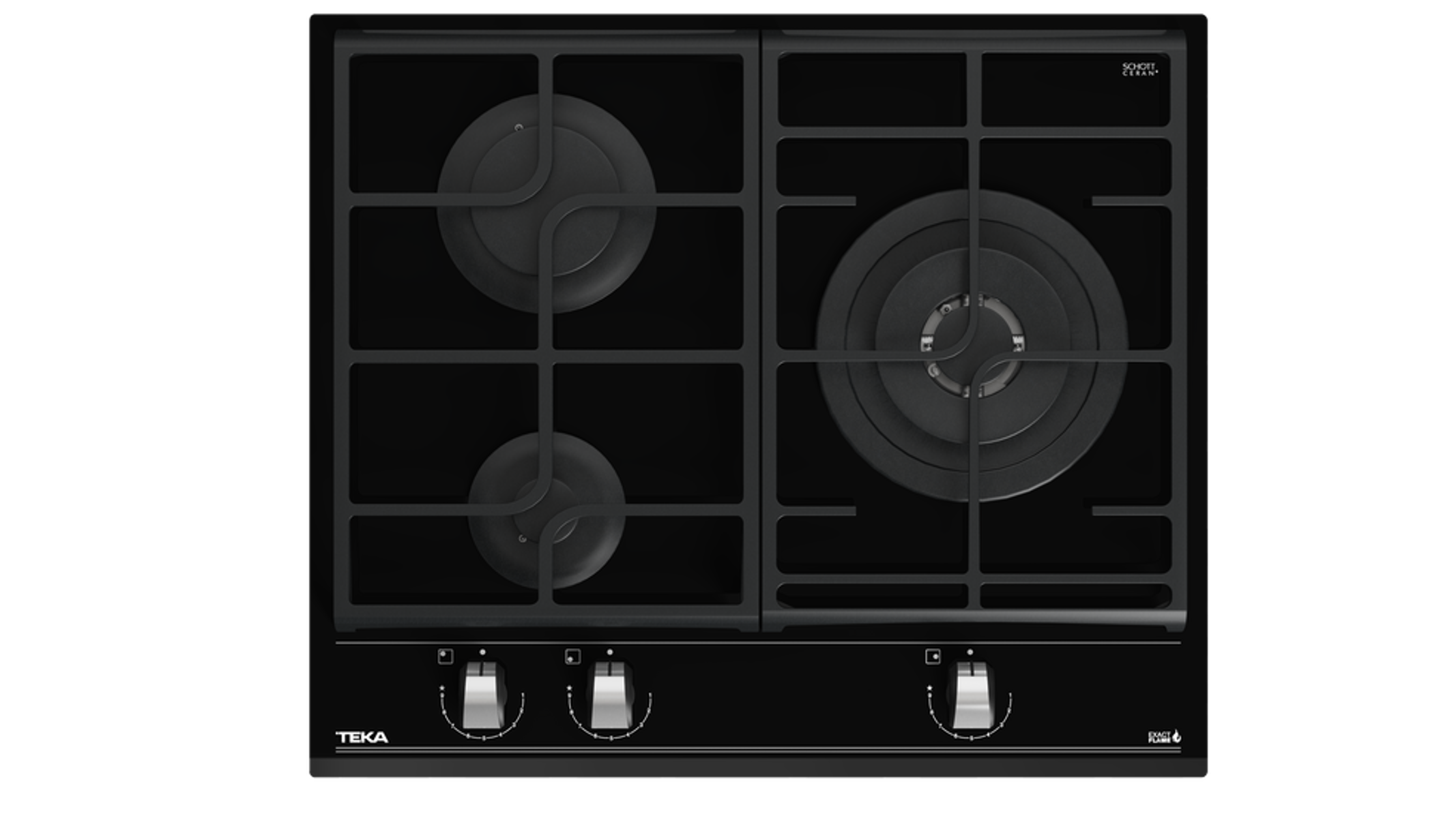 Czarna płyta gazowa Teka z czterema palnikami. Metalowe podpory, pokrętła z przodu, czarne tło.