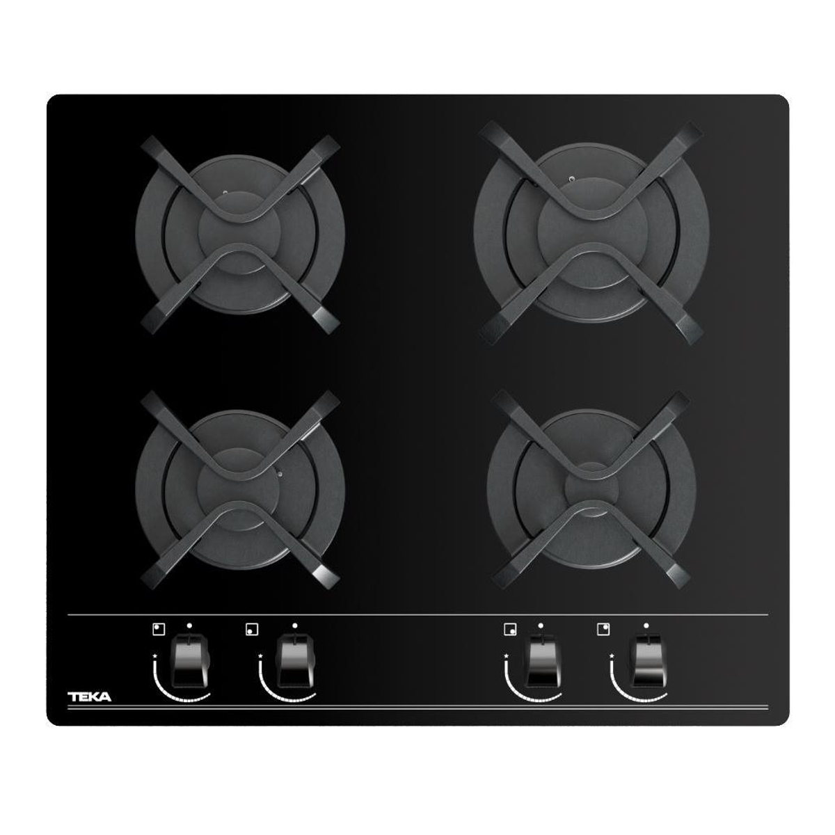 Czarna płyta Teka z czterema palnikami, każdy z czarnym pokrętłem poniżej.
