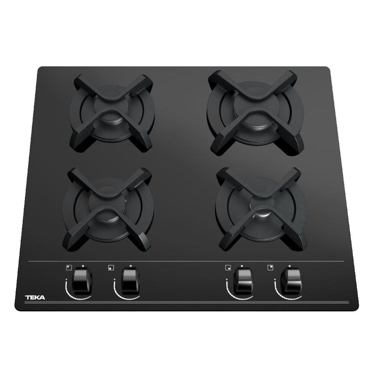 Płyta gazowa Teka czarna z czterema palnikami i pokrętłami, widok z góry.