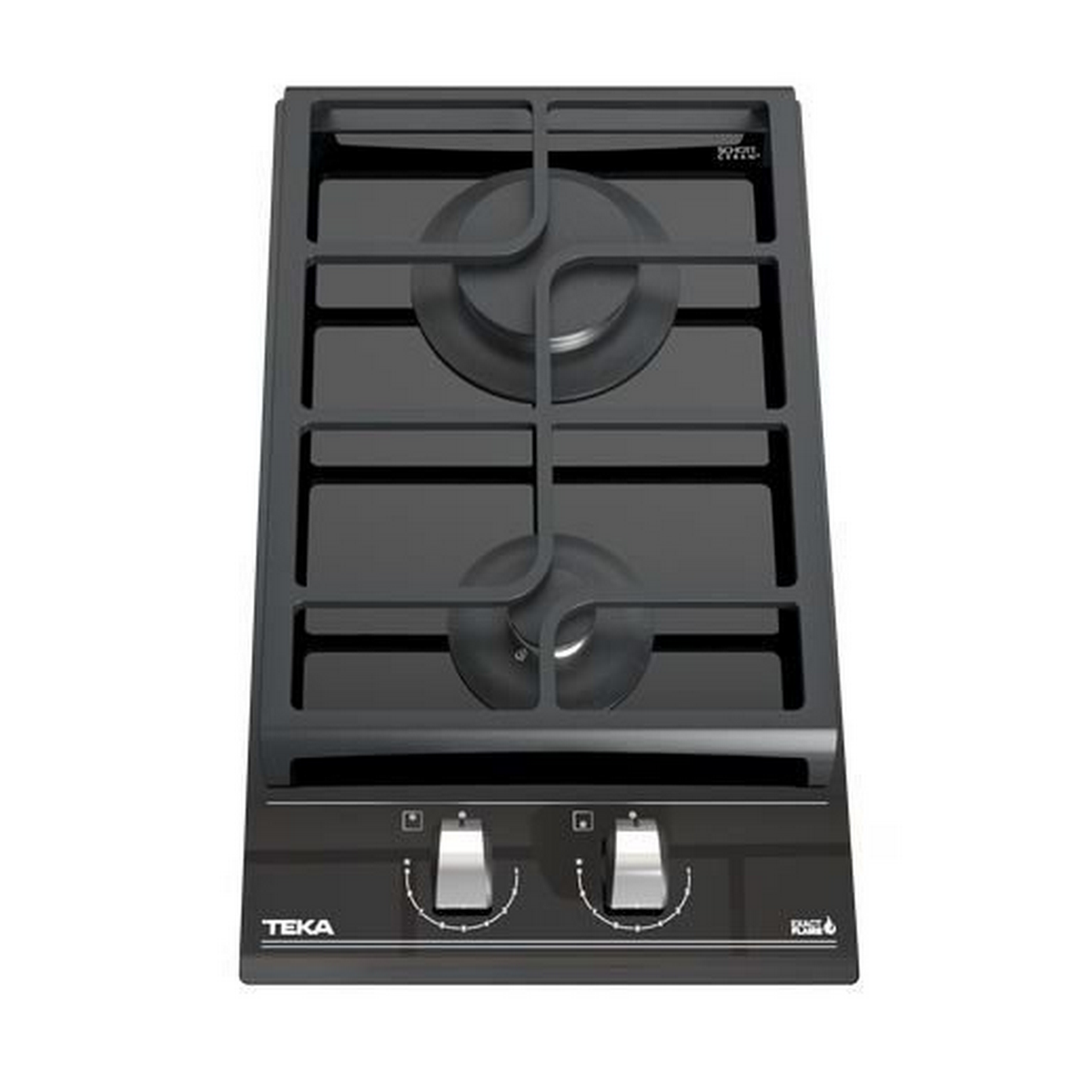 Czarna wbudowana płyta gazowa z dwoma palnikami i pokrętłami. Widoczne logo TEKA.