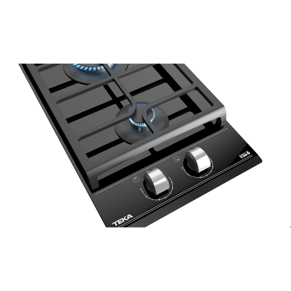 Czarna kuchenka gazowa z dwoma srebrnymi pokrętłami i niebieskimi płomieniami.