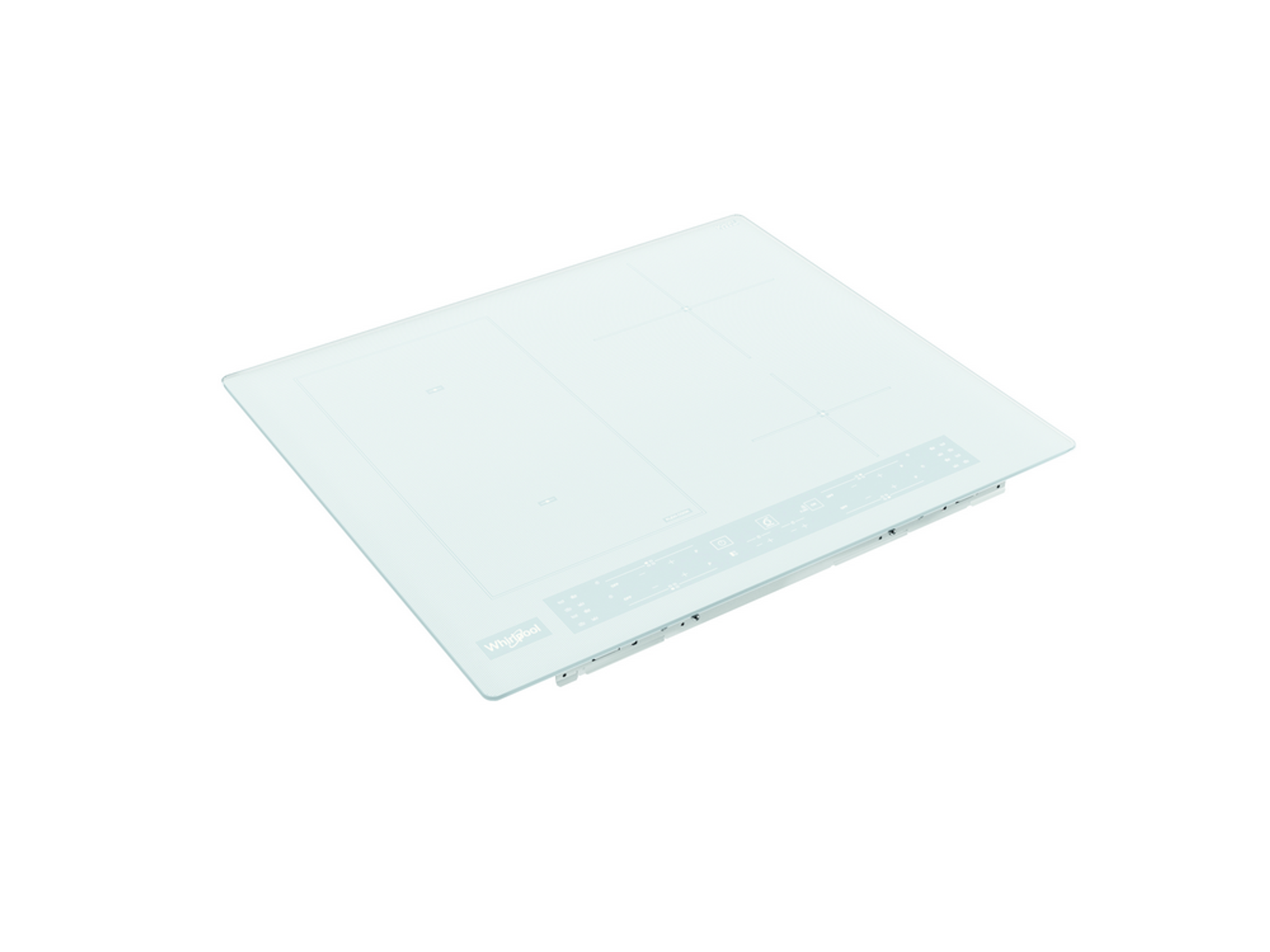 Placa de inducción blanca con controles táctiles, sobre fondo blanco.