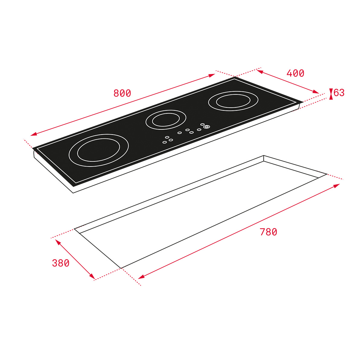 Diagramm mit Abmessungen eines Kochfeldes mit drei Kochzonen und Sockel.
