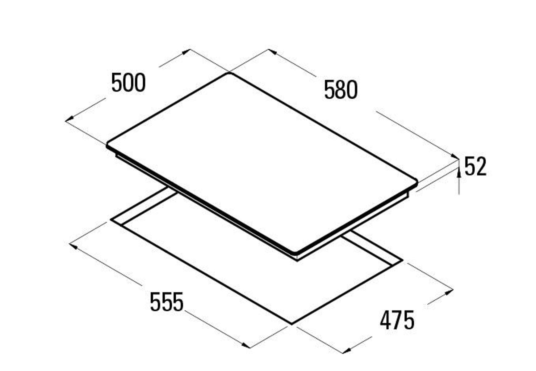 Diagrama de un objeto rectangular con dimensiones en milímetros y un segundo rectángulo debajo.