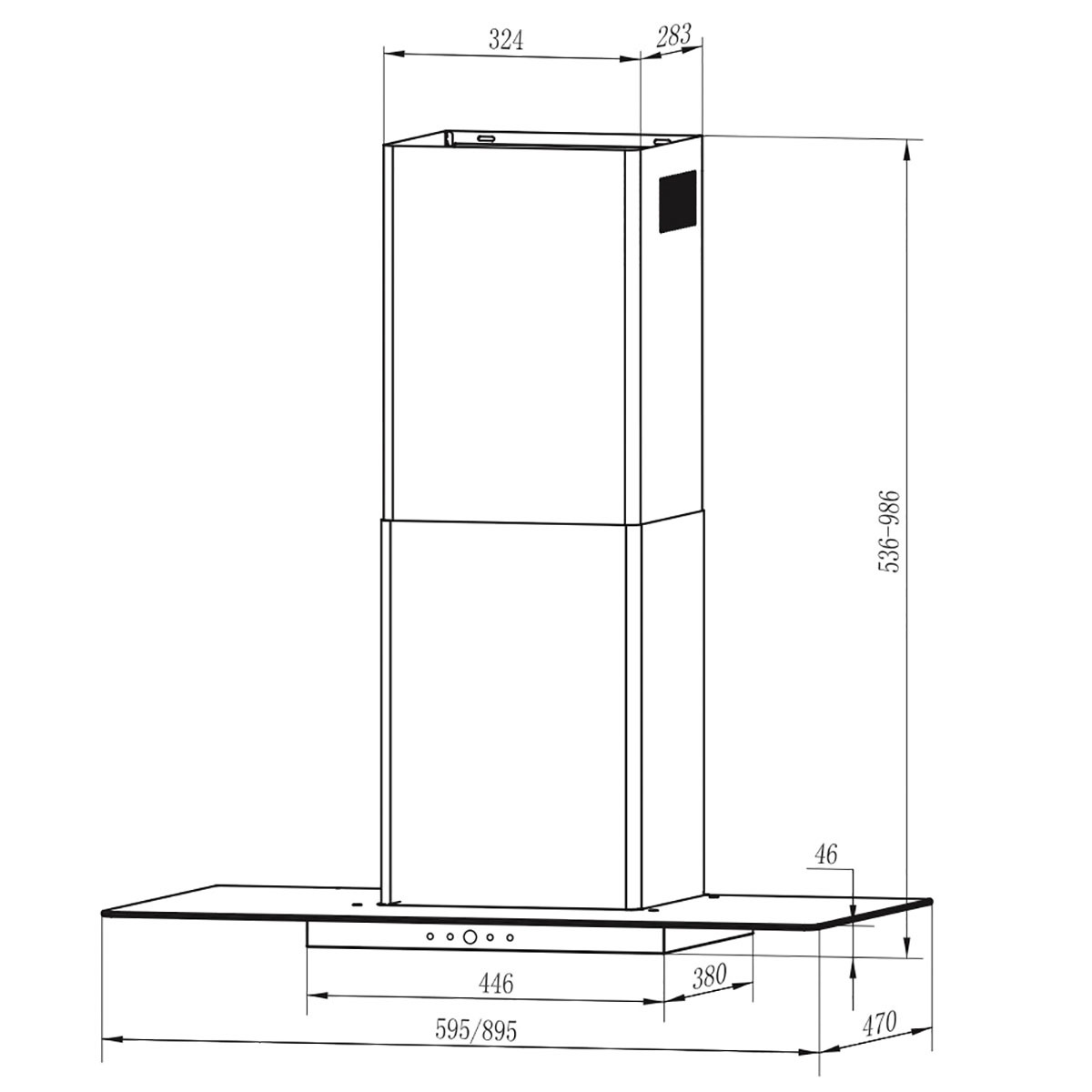 Dibujo técnico de una campana extractora con dimensiones en milímetros, mostrando ángulos y tamaños.