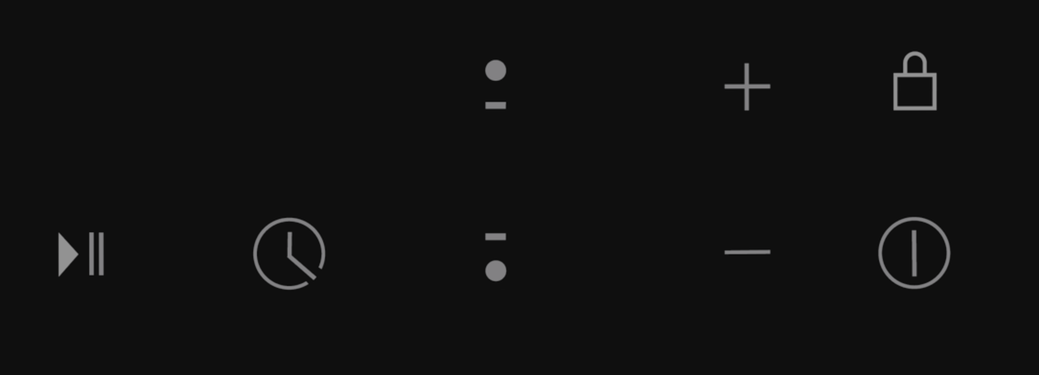Iconos que representan reproducir, tiempo, menos, más, bloquear y encender en una superficie negra.