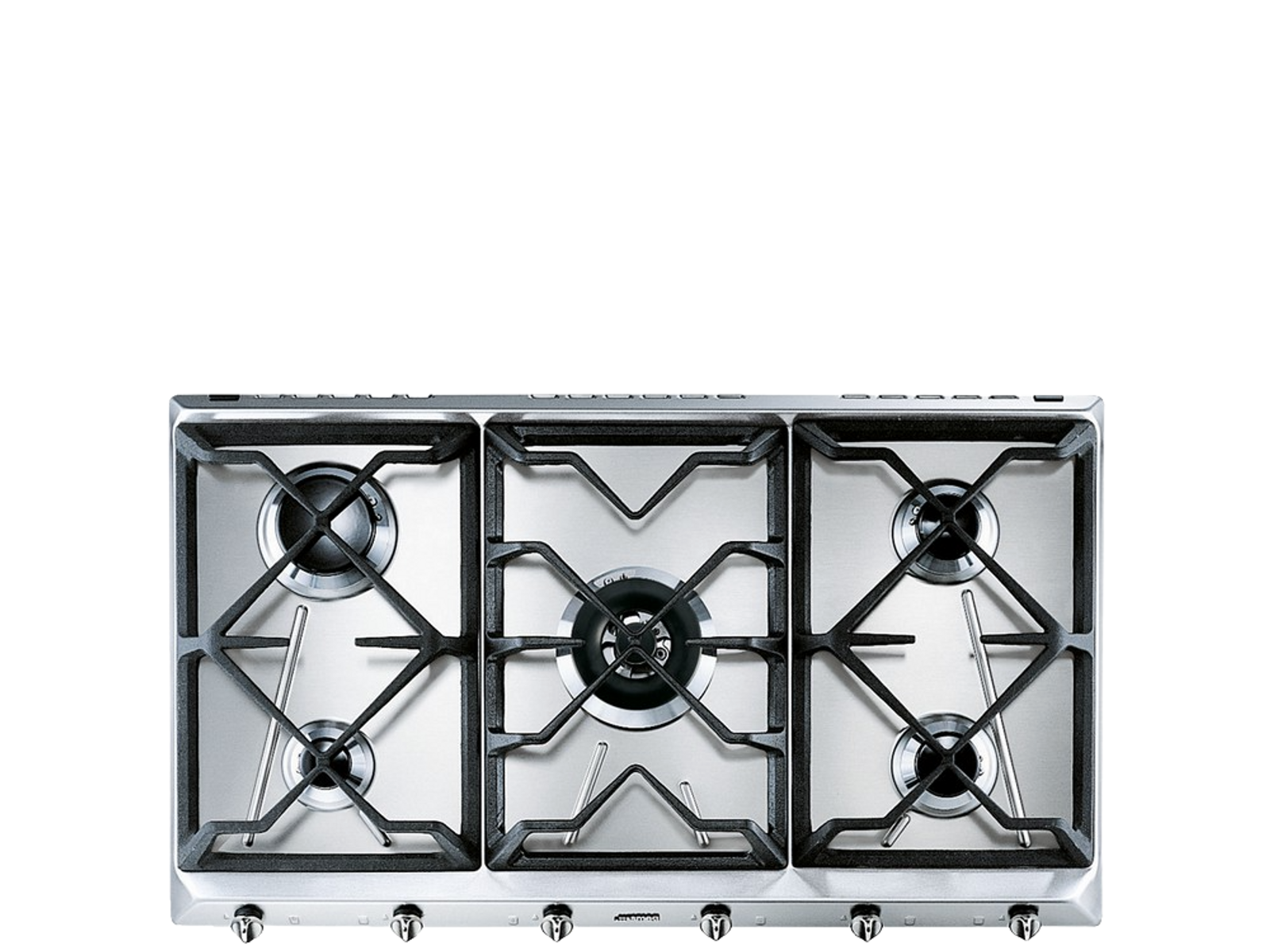 Płyta gazowa ze stali nierdzewnej z pięcioma palnikami i czarnymi żeliwnymi podporami garnków.