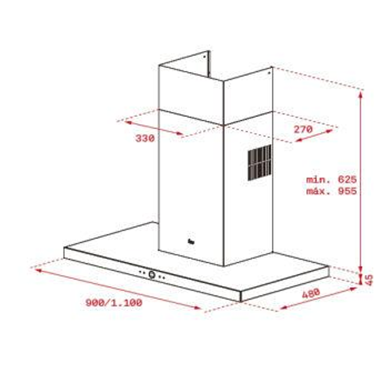 Un disegno bianco di una cappa con dimensioni e misure.