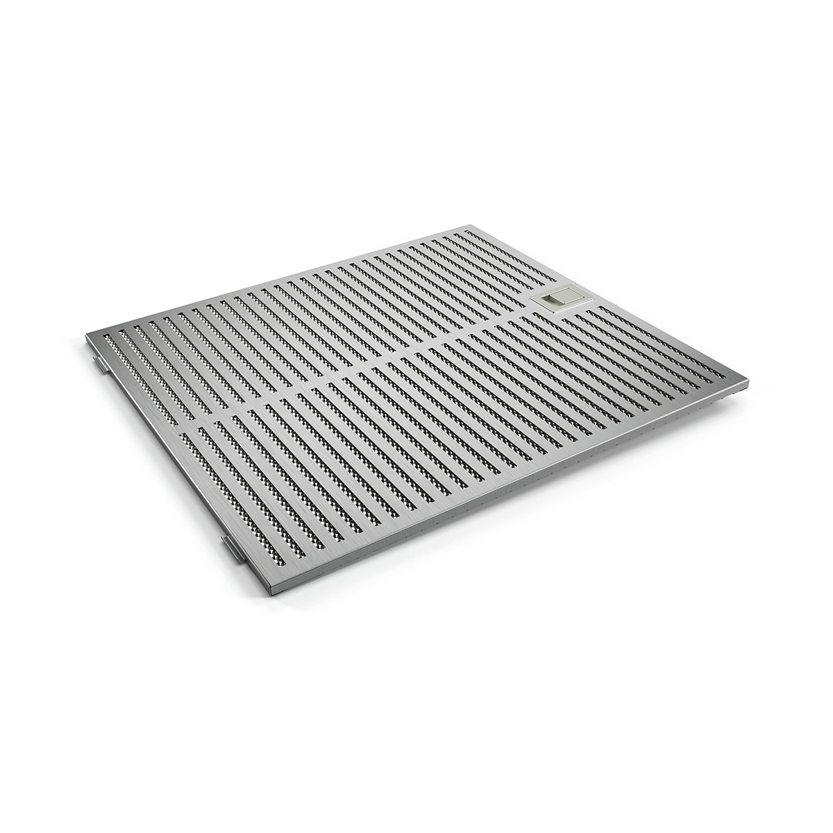 Un filtro metallico rettangolare con molti piccoli fori.