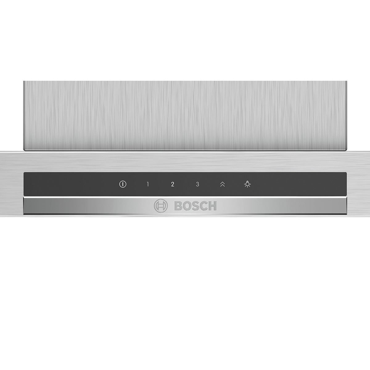 Pannello di controllo in acciaio inox per cappa Bosch con pulsanti numerati e logo.