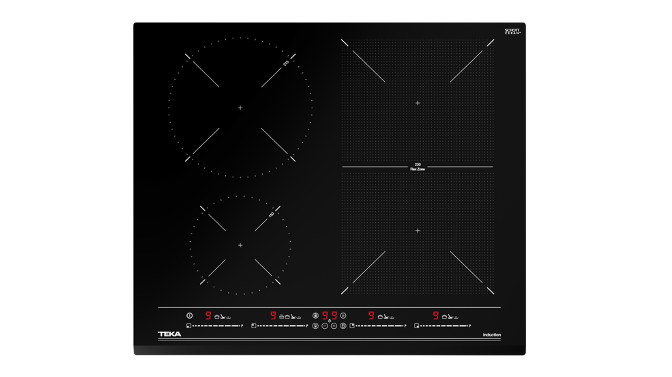 Un piano cottura a induzione nero con quattro zone cottura e comandi touch.