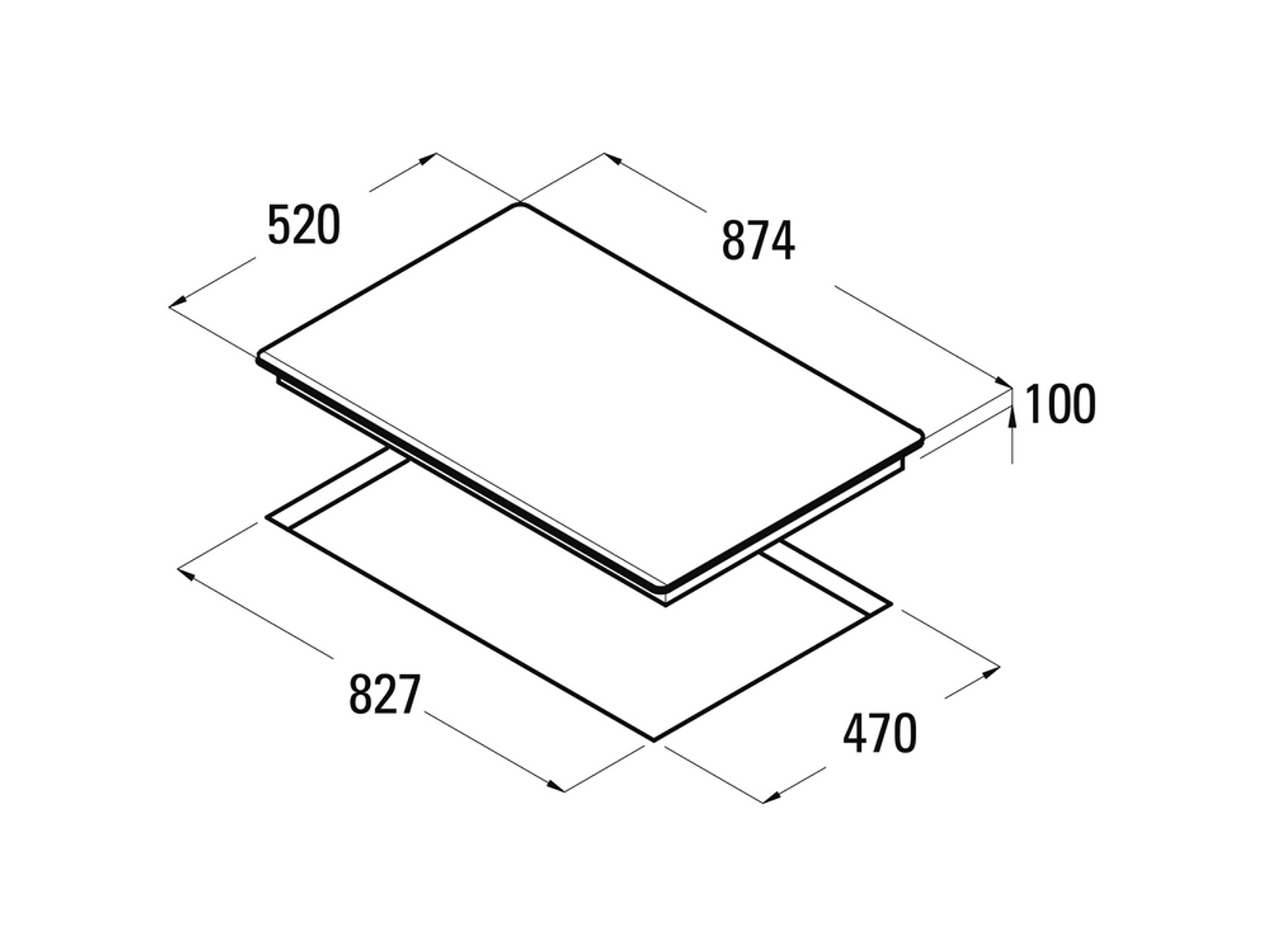 Diagrama que muestra las dimensiones de un electrodoméstico rectangular. 874x520x100mm. Contorno de 470x827mm.