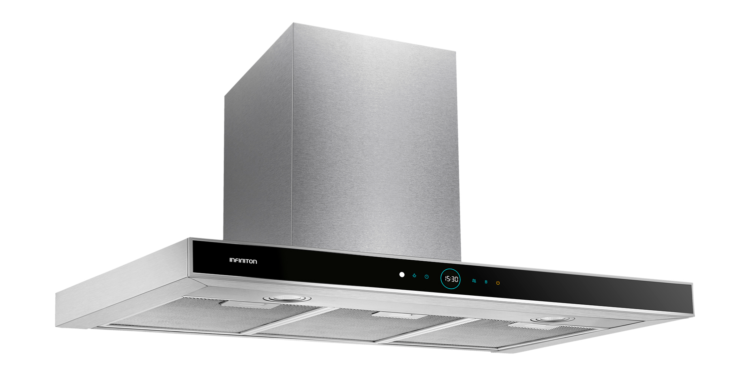 Campana extractora de acero inoxidable con pantalla digital y controles.