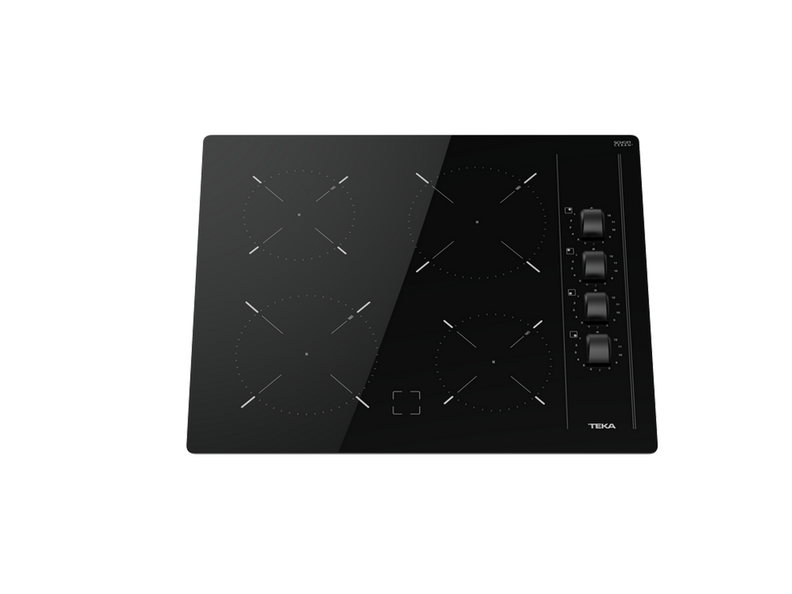 Czarna płyta indukcyjna Teka z czterema strefami gotowania i pokrętłami sterowania.