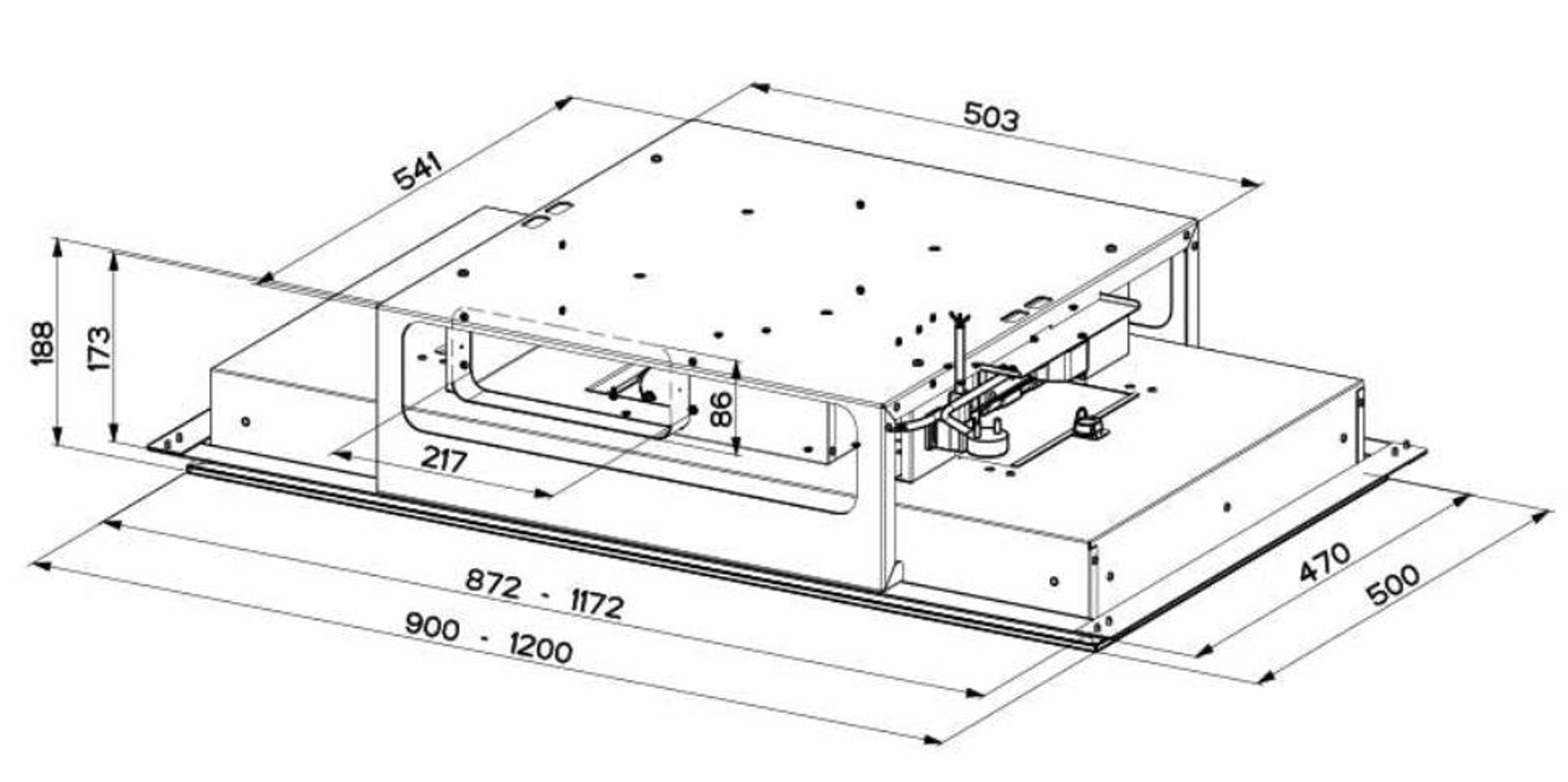 Diagrama de una campana extractora, mostrando dimensiones. La campana está en perspectiva.