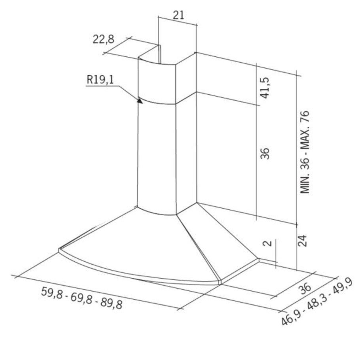 Diagrama de una campana extractora con dimensiones, incluyendo altura, ancho y medidas de radio.