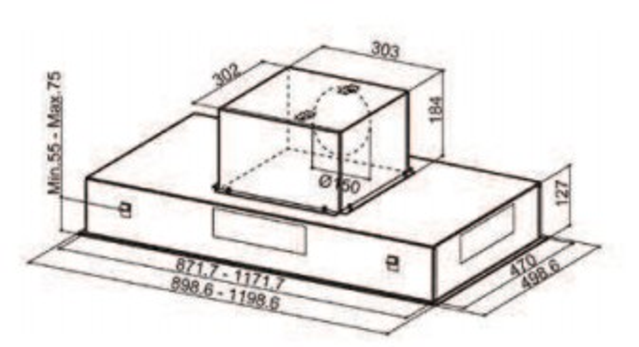 Diagrama de una campana extractora rectangular con dimensiones y una sección cuadrada central.