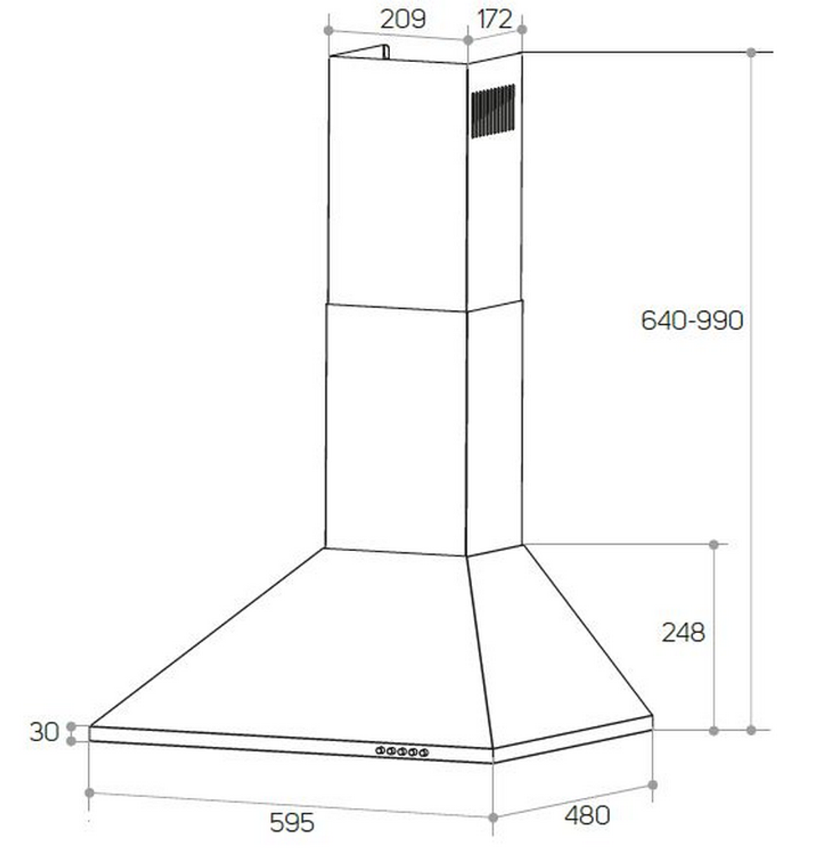 Diagrama de una campana extractora de chimenea que muestra las dimensiones. Es blanco con detalles negros.