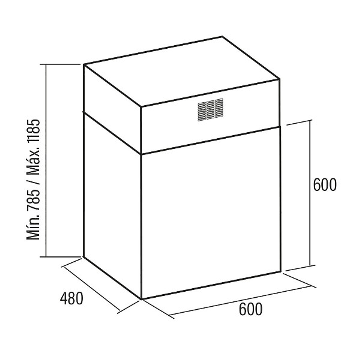 Un disegno che mostra le dimensioni di una cappa da cucina a incasso.