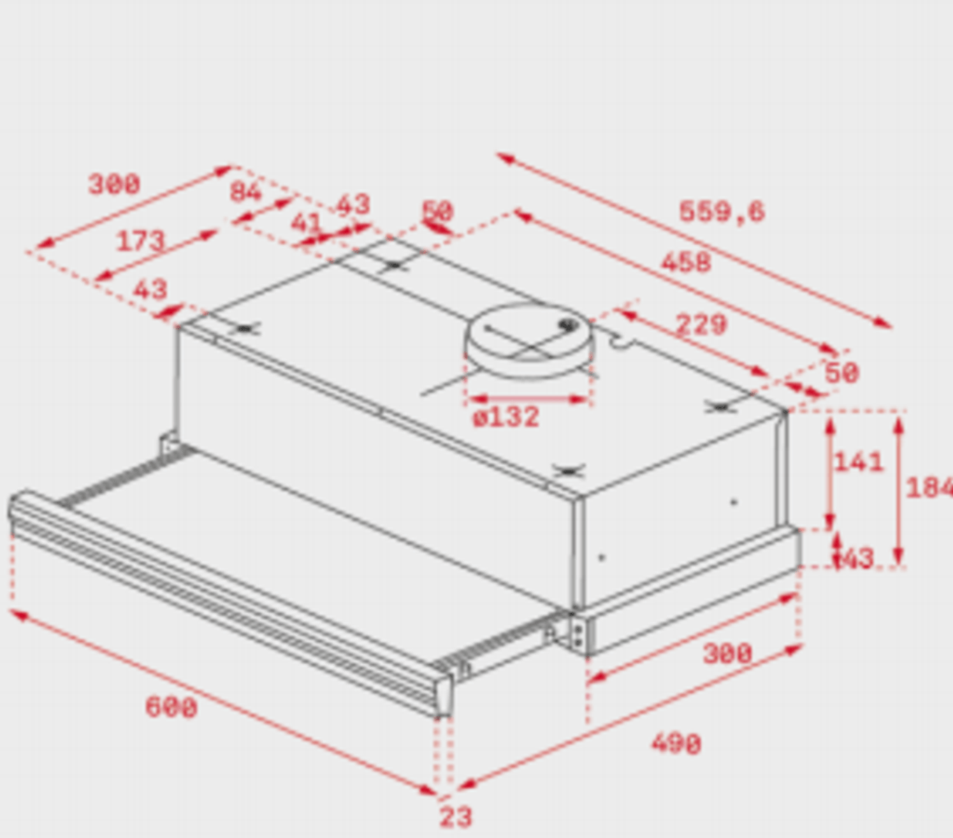 Diagramma di una cappa da cucina con dimensioni, con parte superiore circolare e corpo rettangolare.