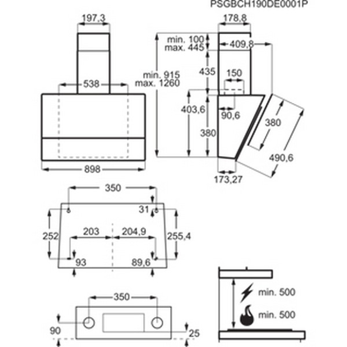 Dibujo técnico de una campana extractora con dimensiones y medidas en milímetros. Marca no visible.