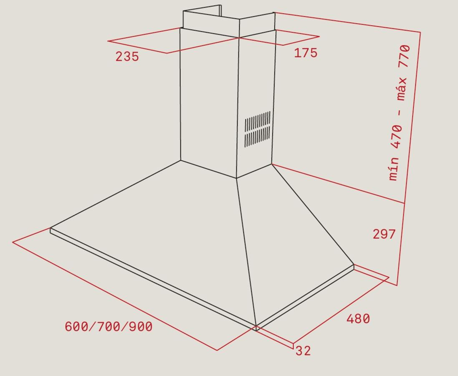 Diagrama de una campana extractora con medidas y dimensiones.
