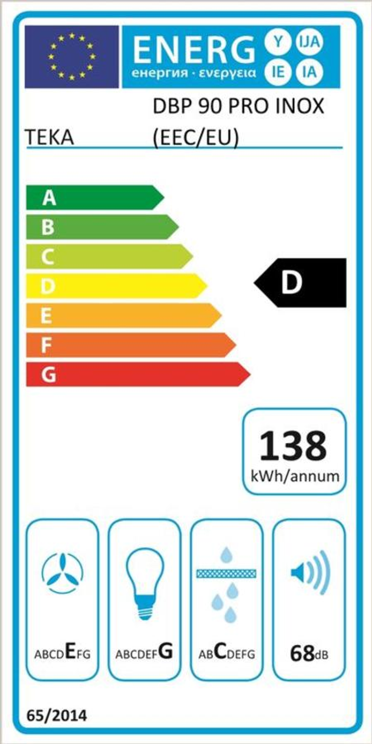 Etiqueta energética con detalles de eficiencia para una campana extractora.