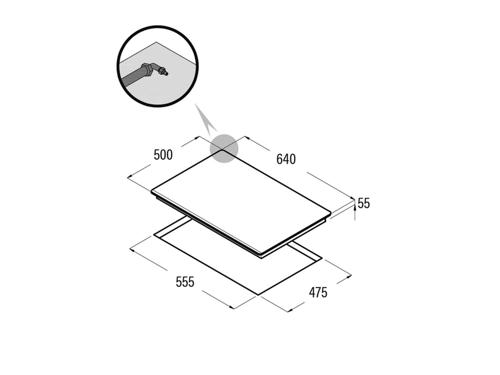 Diagrama de una placa de cocina con dimensiones, incluido el recorte. Una mano está en un círculo.