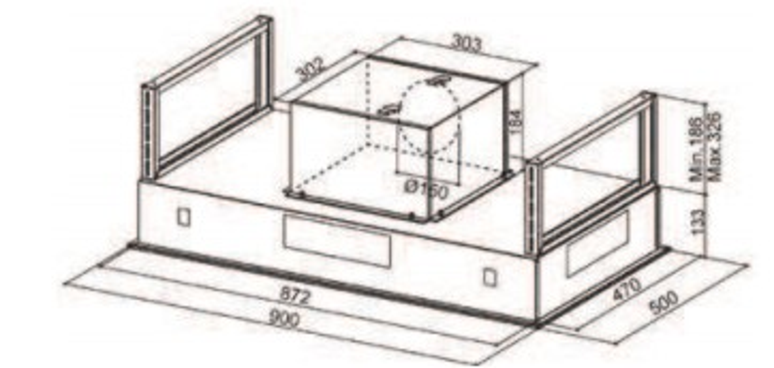 Dibujo lineal de una campana extractora con dimensiones, mostrando vistas superior y lateral.
