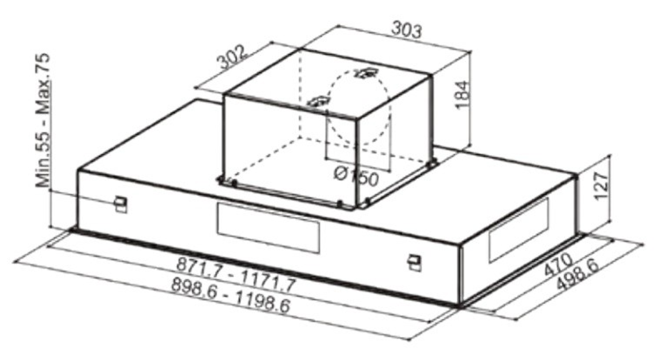 Dibujo técnico de campana extractora, dimensiones, fondo blanco.