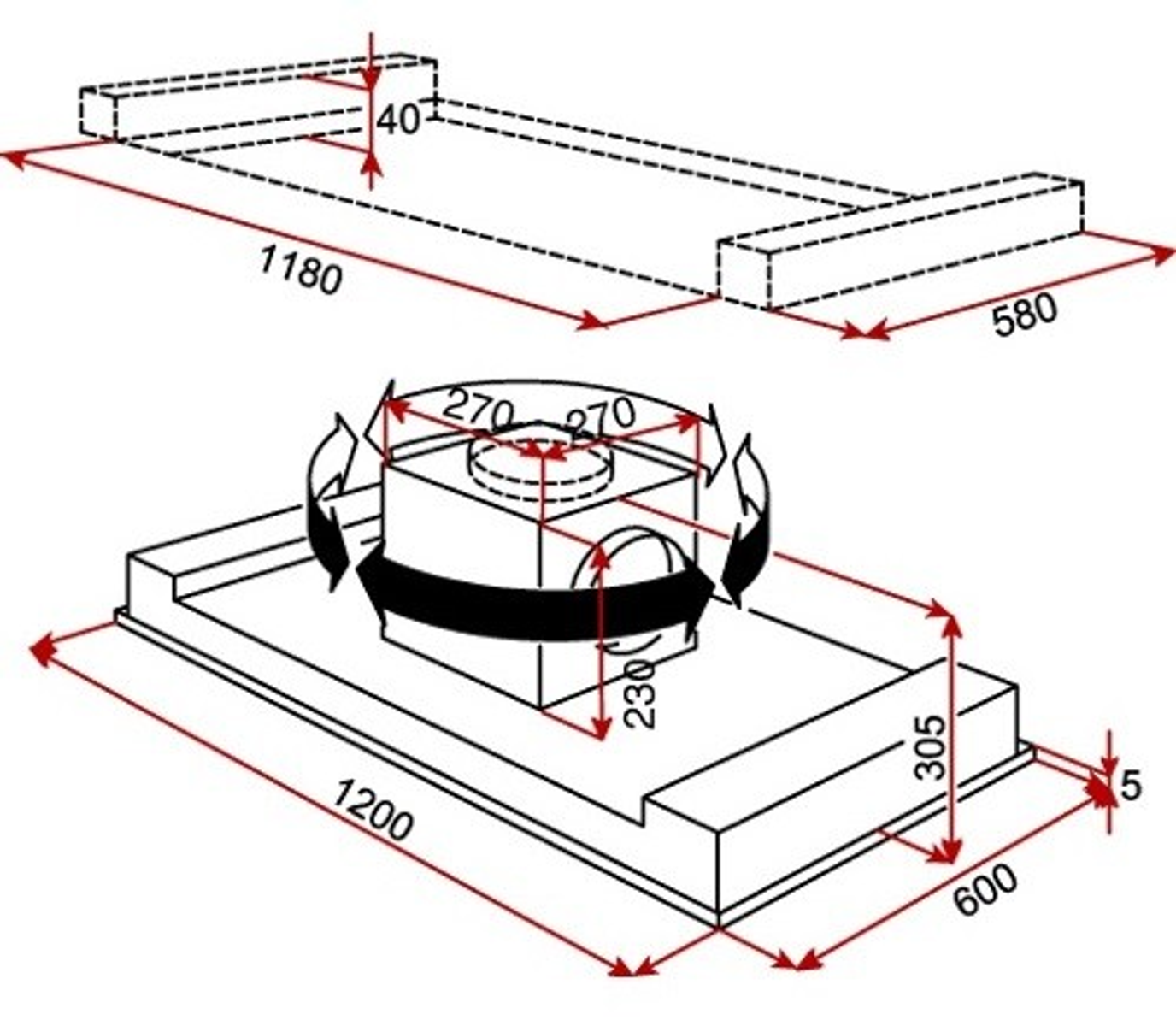 Diagramma di due strutture con linee di dimensione e misure indicate in rosso.