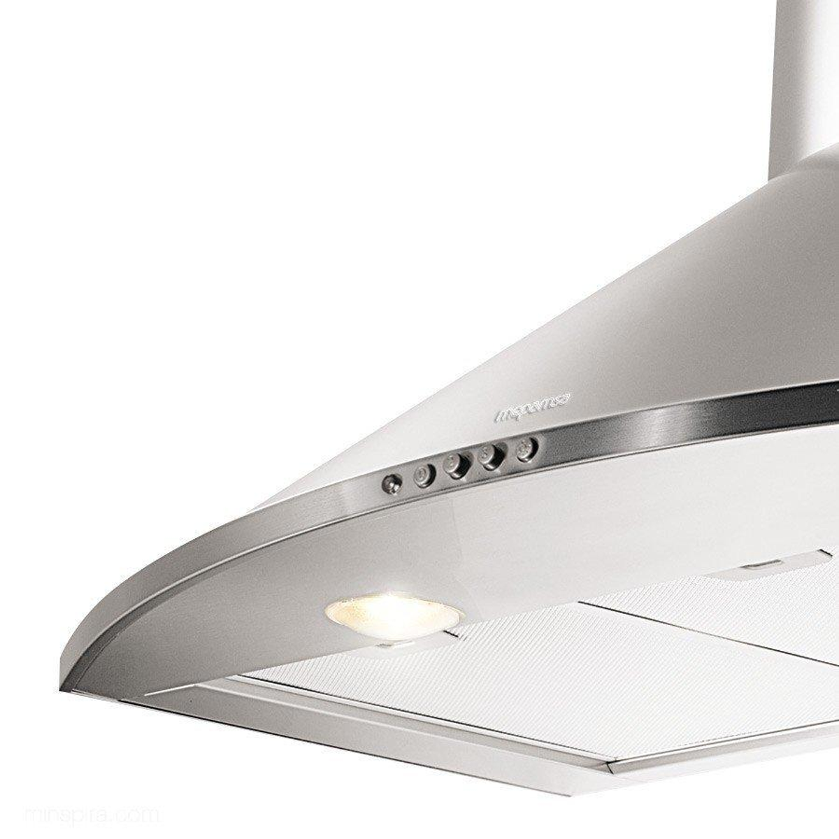 Campana extractora blanca y plateada con luz y controles.