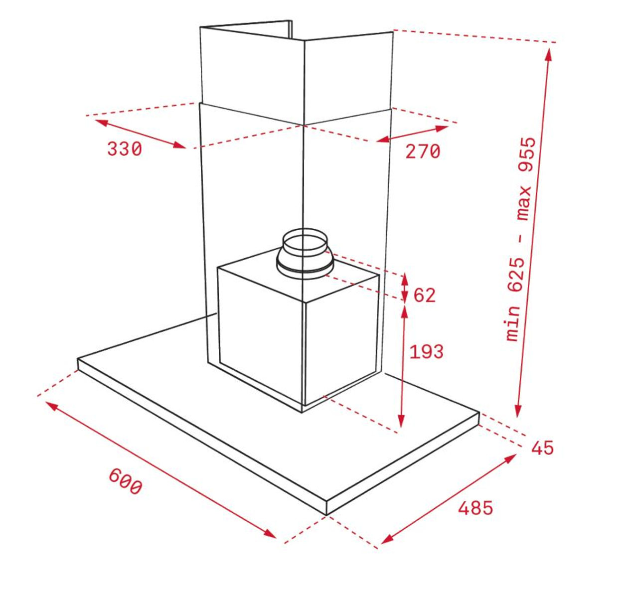 Diagrama de campana extractora de cocina con dimensiones, que muestra la ventilación y los detalles de la base.