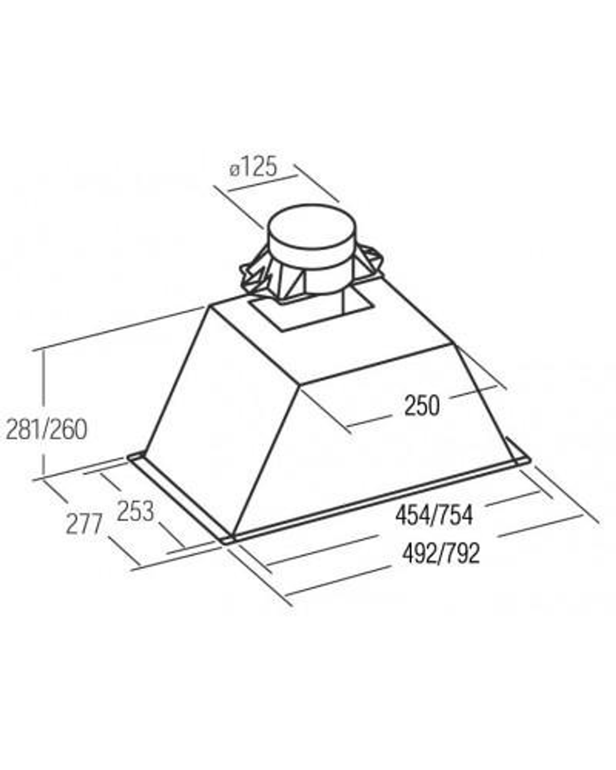 Disegno al tratto di una cappa da cucina con dimensioni in mm.