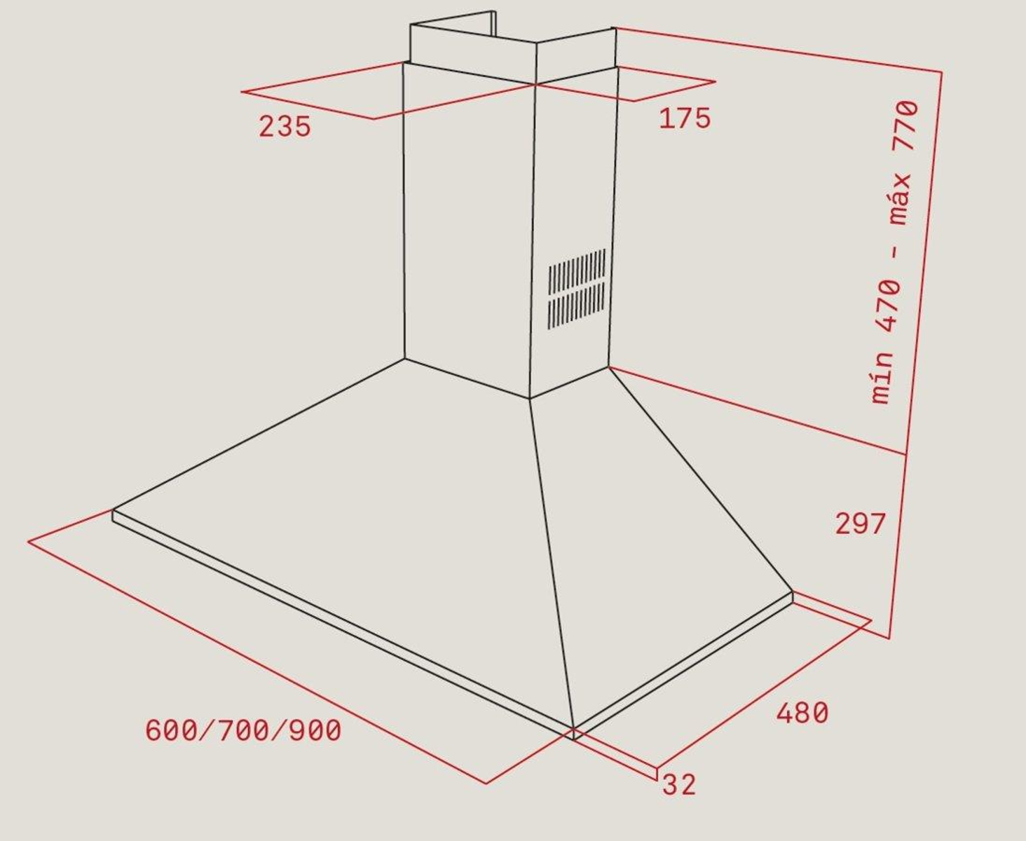 Dibujo técnico de una campana extractora con dimensiones en milímetros.