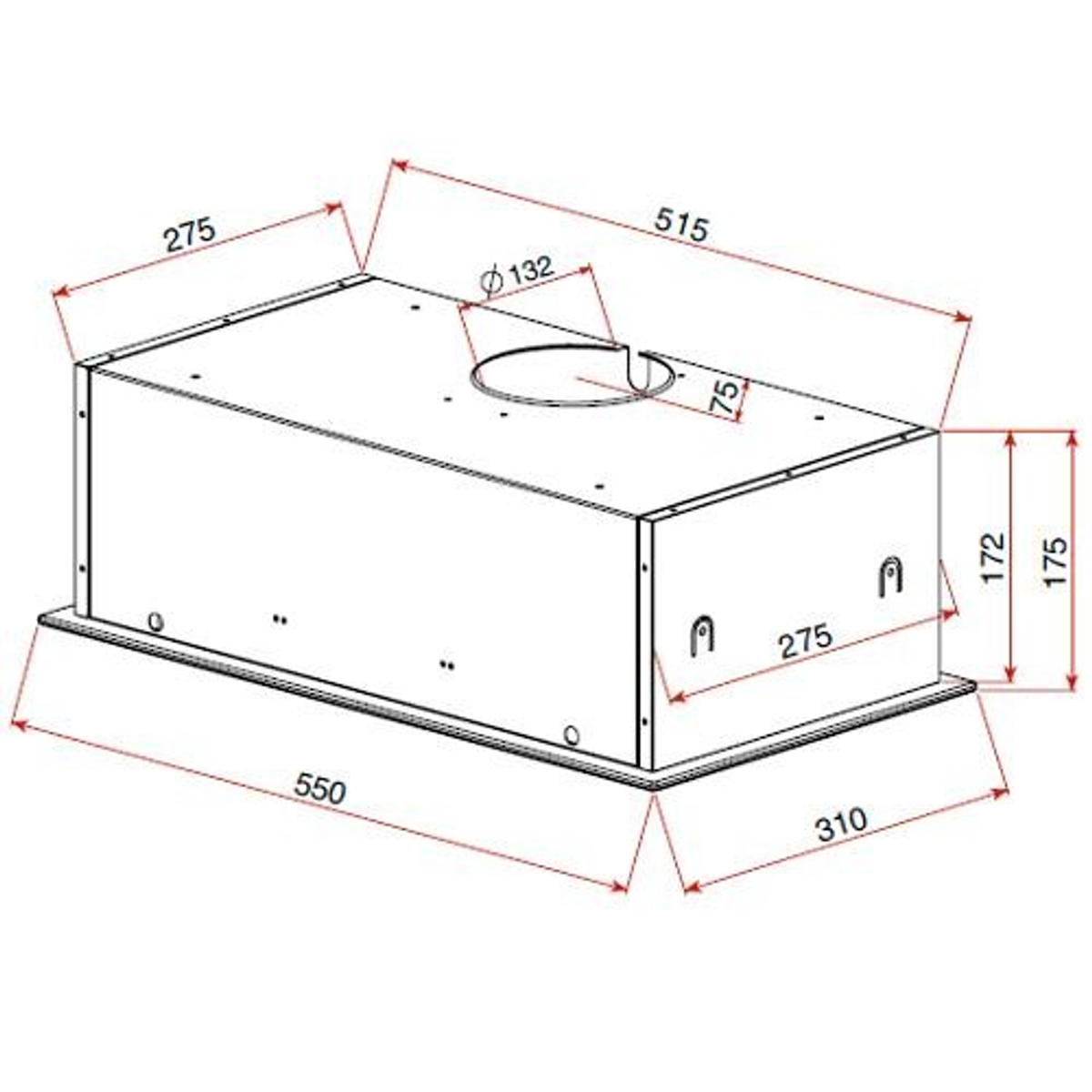 Diagramma che mostra le dimensioni di una cappa rettangolare.