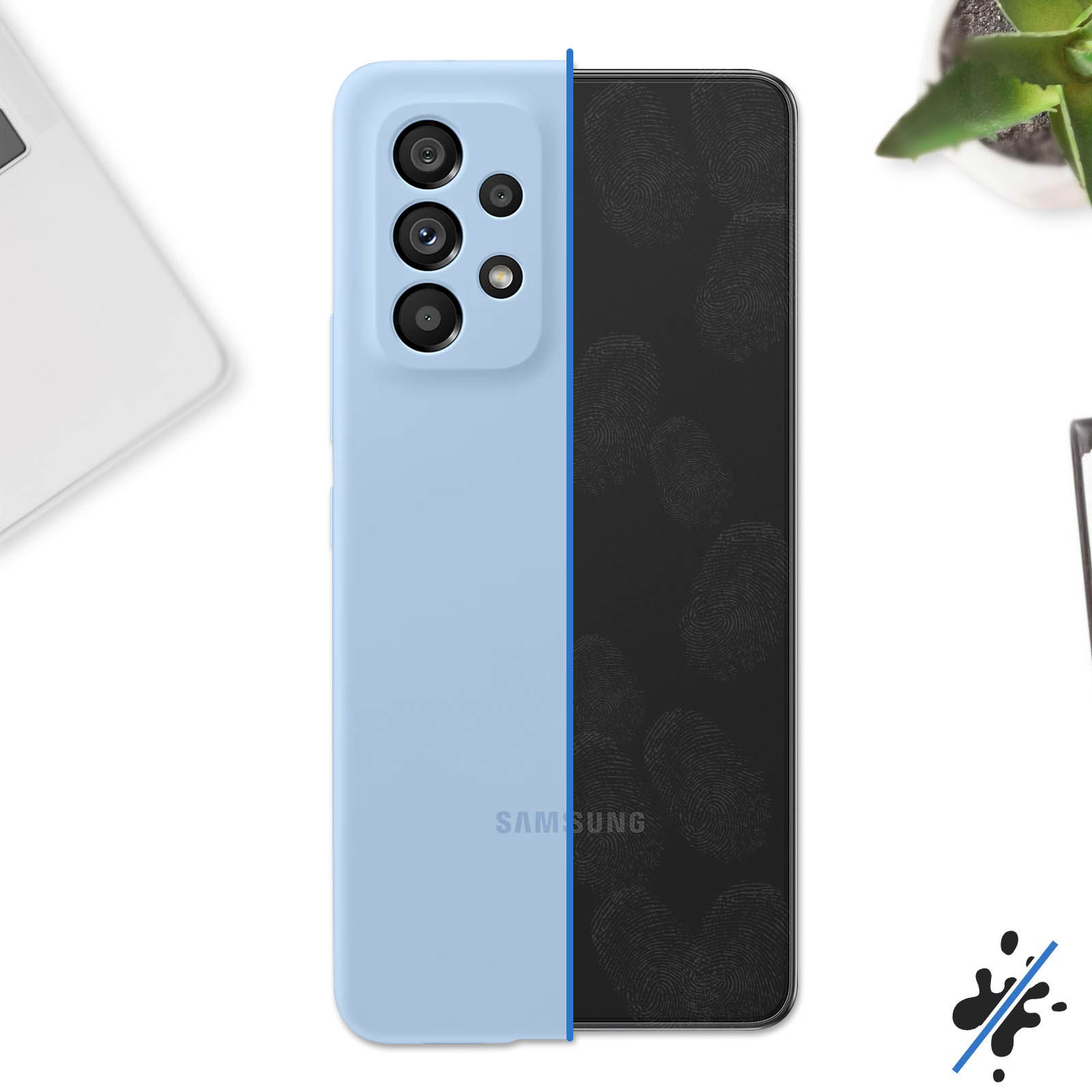 Custodia del telefono con telefono all'interno; blu chiaro a sinistra, schermo nero con impronte digitali a destra.