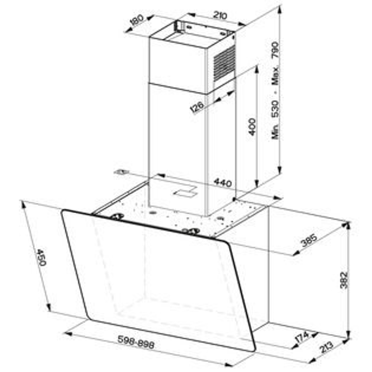 Diagrama de una campana extractora con dimensiones. Tiene un panel de vidrio y una chimenea.
