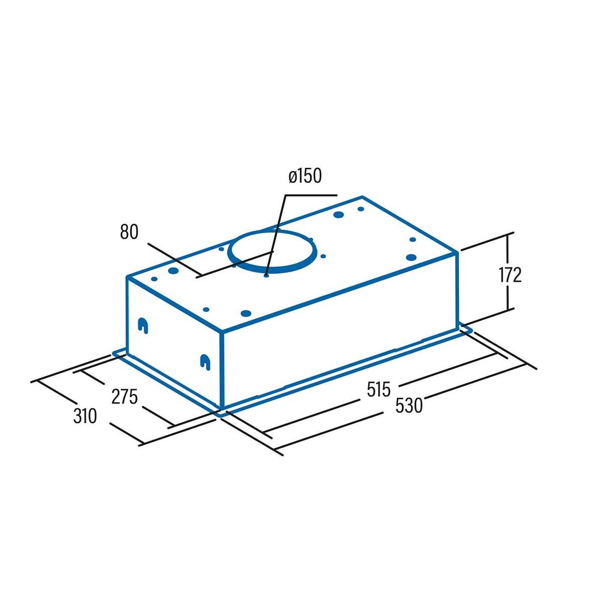 Dibujo técnico de una caja rectangular, con dimensiones y una abertura circular.