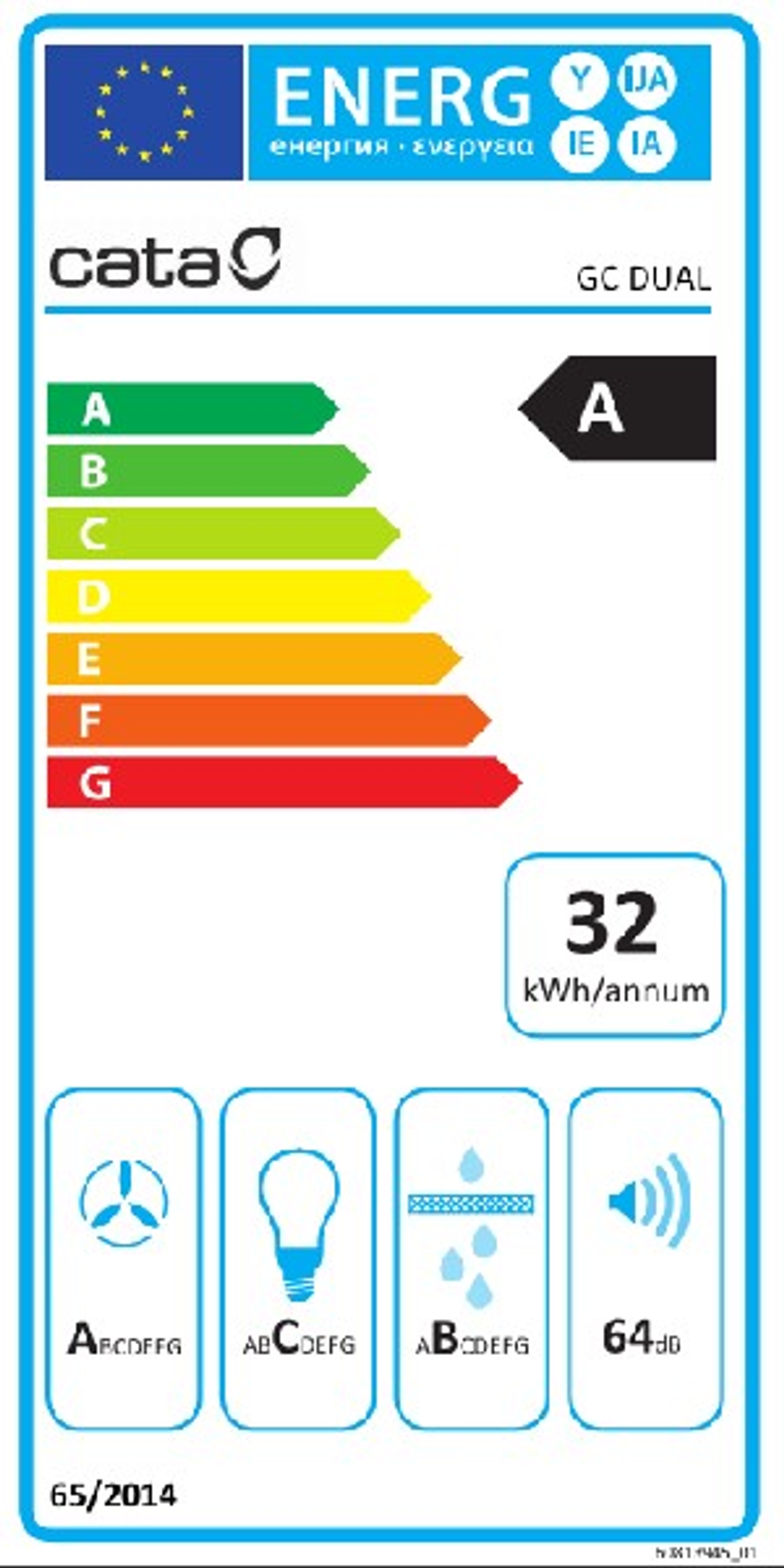Etykieta energetyczna dla okapu Cata GC DUAL, pokazująca klasy efektywności energetycznej.