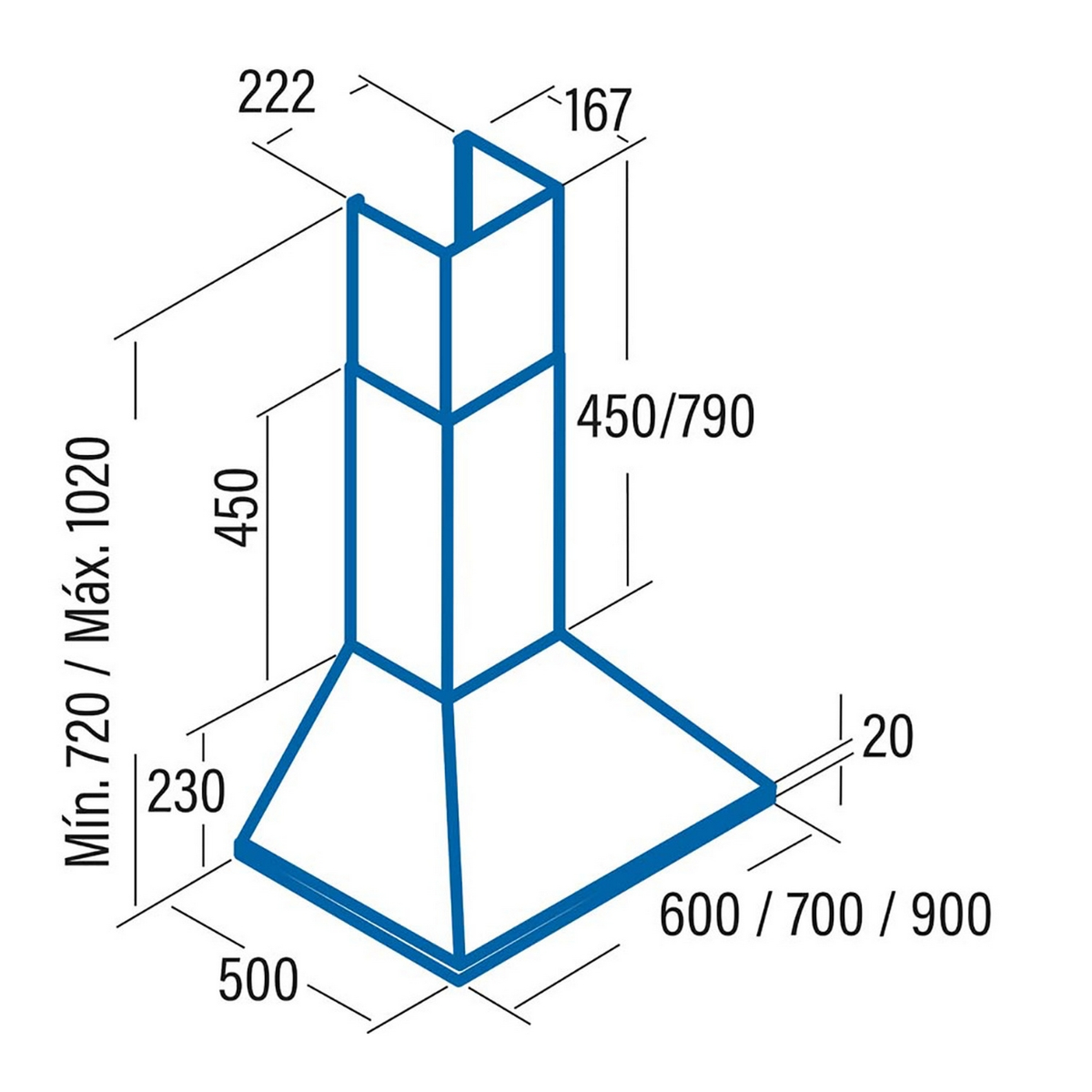 Un dibujo técnico con dimensiones de una campana extractora.