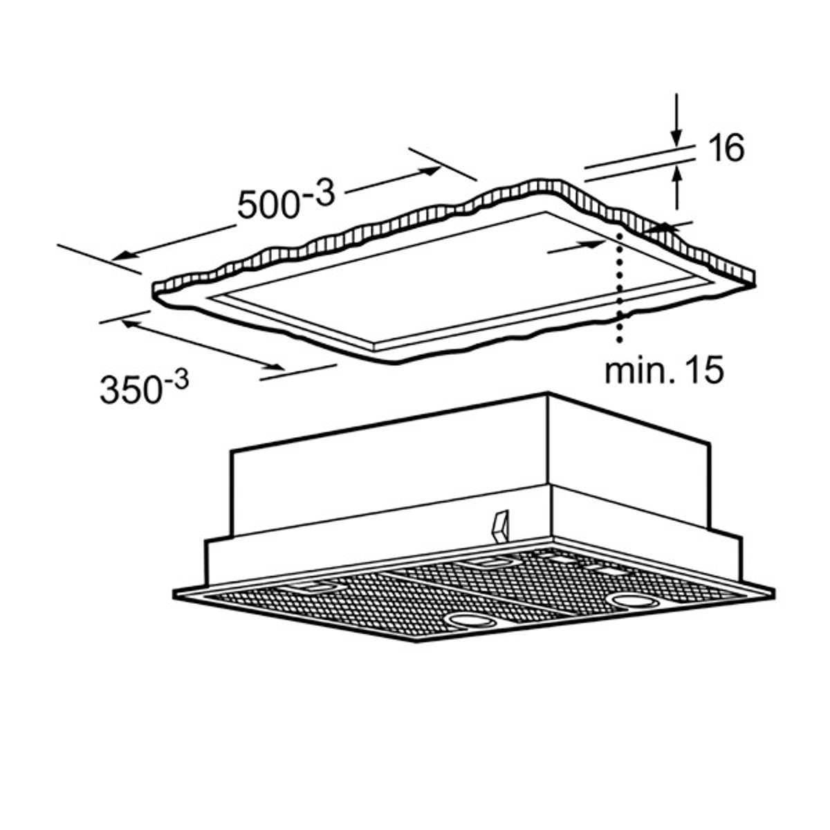 Dibujo lineal de un electrodoméstico con dimensiones y medidas.